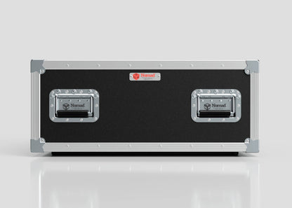 A black and silver rectangular 10U Shock Mount Slam Rack Case with two metal handles and reinforced corners sits on a white surface against a plain background.