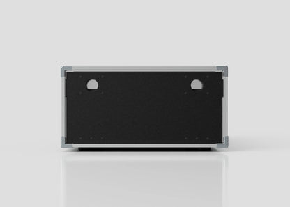 The 10U Shock Mount Slam Rack Case is a rectangular device featuring a black front panel with two circular cutouts and a silver metal frame, shown on a white reflective surface.