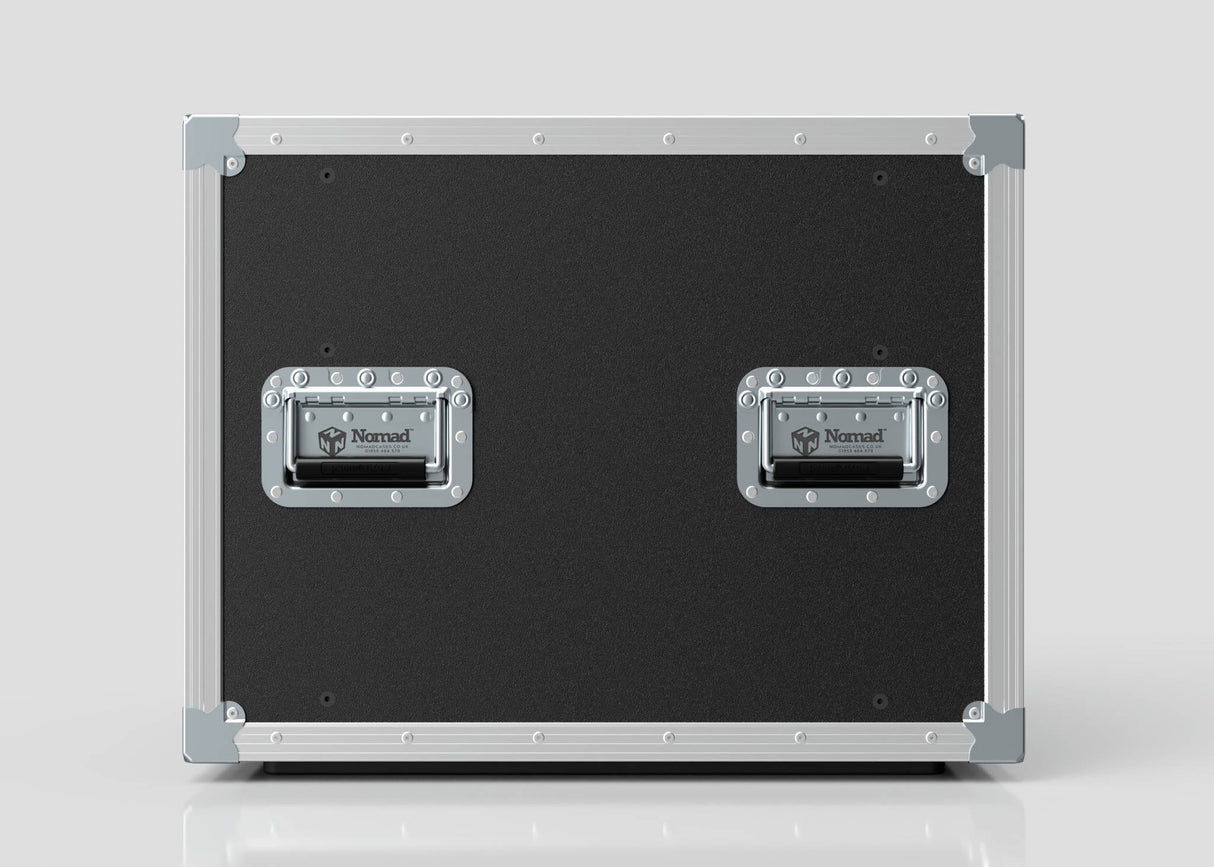 The 10U Slam Rack Case is a black and silver hard case with metal edges, two recessed handles, each displaying the Nomad logo, set against a plain background. Its external dimensions are 643 x 561 x 514 mm.