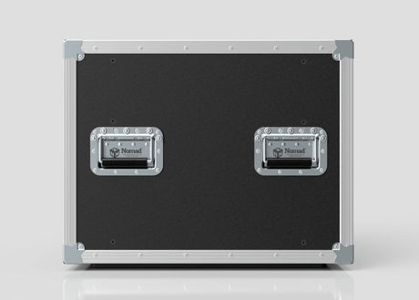 The 10U Slam Rack Case is a black and silver hard case with metal edges, two recessed handles, each displaying the Nomad logo, set against a plain background. Its external dimensions are 643 x 561 x 514 mm.
