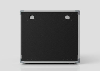 A 10U Slam Rack Case is displayed against a plain light background. It has a rectangular black panel with two circular holes near the top corners, a silver border, and external dimensions of 643 x 561 x 514 mm.