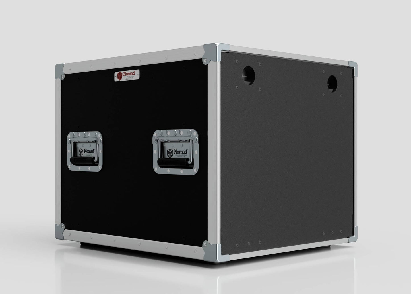 The 10U Slam Rack Case is a black and silver rectangular equipment case with metal corner protectors, two side handles, and external dimensions of 643 x 561 x 514 mm, shown against a plain light background.