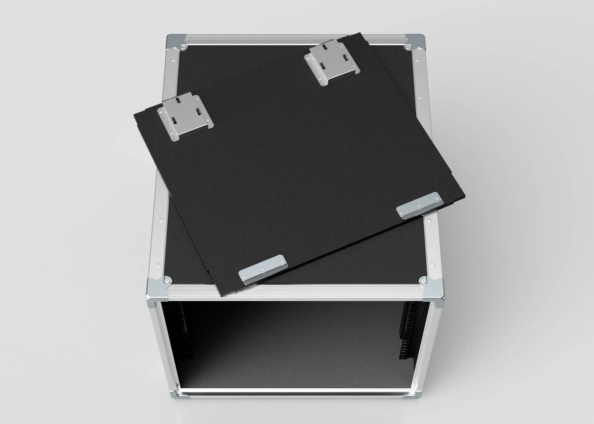The 10U Slam Rack Case, shown in black with an open front and removable panel secured by metal latches, is displayed on a plain, light background. Its external dimensions are 643 x 561 x 514 mm.