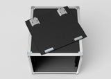 The 10U Slam Rack Case, shown in black with an open front and removable panel secured by metal latches, is displayed on a plain, light background. Its external dimensions are 643 x 561 x 514 mm.