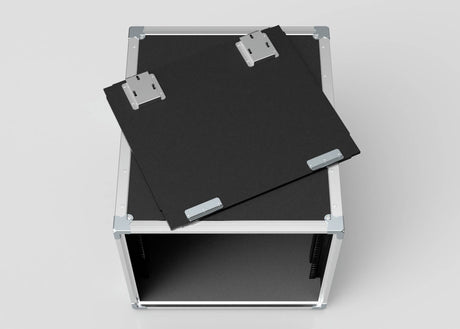 The 10U Slam Rack Case, shown in black with an open front and removable panel secured by metal latches, is displayed on a plain, light background. Its external dimensions are 643 x 561 x 514 mm.