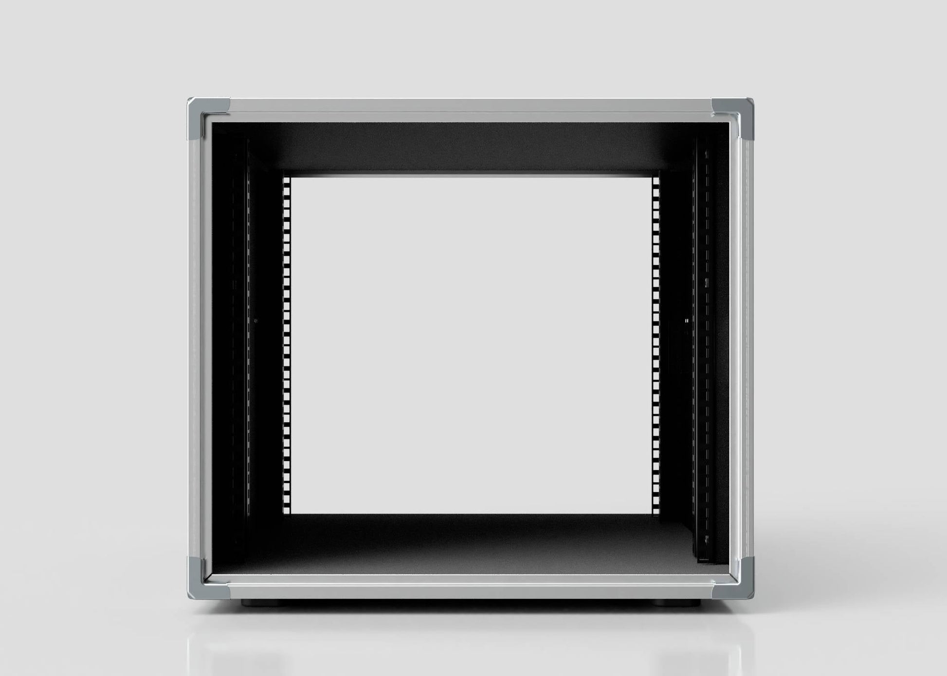 Front view of an empty, open 10U Slam Rack Case with black interior and silver edges, designed for electronic or audio equipment. External dimensions: 643 x 561 x 514 mm.