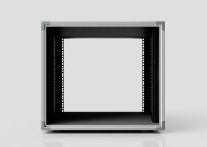 Front view of an empty, open 10U Slam Rack Case with black interior and silver edges, designed for electronic or audio equipment. External dimensions: 643 x 561 x 514 mm.