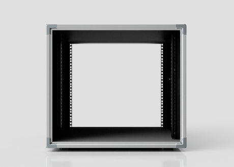 Front view of an empty, open 10U Slam Rack Case with black interior and silver edges, designed for electronic or audio equipment. External dimensions: 643 x 561 x 514 mm.