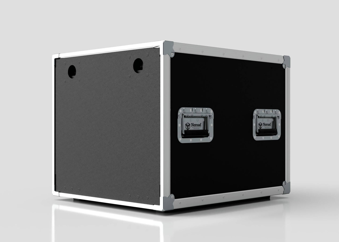 The 10U Slam Rack Case is a black rectangular flight case with metal corners, two recessed side handles, and two round holes on the front panel. It rests on a white reflective surface; its external dimensions are 643 x 561 x 514 mm.