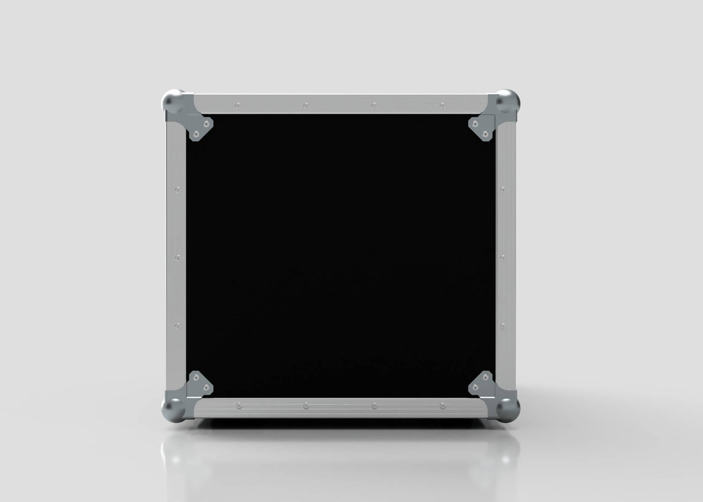 The 10U Standard Rack Case, black and rectangular with silver metallic corners and edges, is shown closed against a plain light gray background.