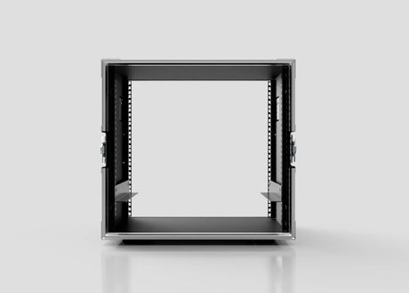 A front view of an empty 10U Standard Rack Case, a black metal equipment rack with open sides, set against a plain light gray background.