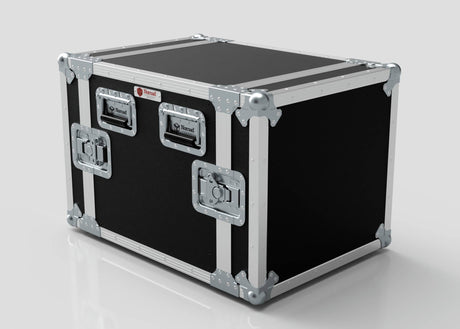 The 10U Standard Rack Case is a black and silver rack mount case with metal reinforcements and side handles, designed for secure equipment storage or transport.