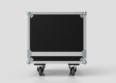 The 10U Standard Rack Sleeve With Case With Lift Off Lid is a black and silver rolling equipment case with metal corners, shown from the front against a plain light gray background. Its external dimensions are 622 x 678 x 734 mm.