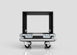 A 10U Standard Rack Sleeve With Case With Lift Off Lid, black and rectangular with metal reinforcements, latches, and four caster wheels, is displayed against a light gray background. External dimensions: 622 x 678 x 734 mm.
