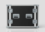 A black and silver 10U Suspended Shock Mounted Rack Case with metal reinforcements, latches, and anti-vibration mounts sits closed against a plain white background. The handles are labeled "Nomad.