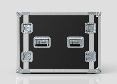 A black and silver 10U Suspended Shock Mounted Rack Case with metal reinforcements, latches, and anti-vibration mounts sits closed against a plain white background. The handles are labeled "Nomad.