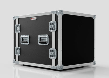 The 10U Suspended Shock Mounted Rack Case is a large black birch plywood flight case with metal reinforcements and two front handles, displayed against a plain light background.