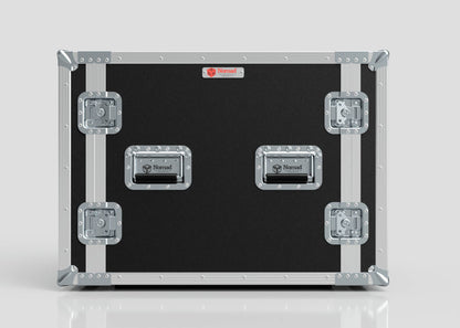 A large black and silver 10U Suspended Shock Mounted Rack Case with metal edges, latch locks, shock mounting, and "Nomad" labeled on the front.
