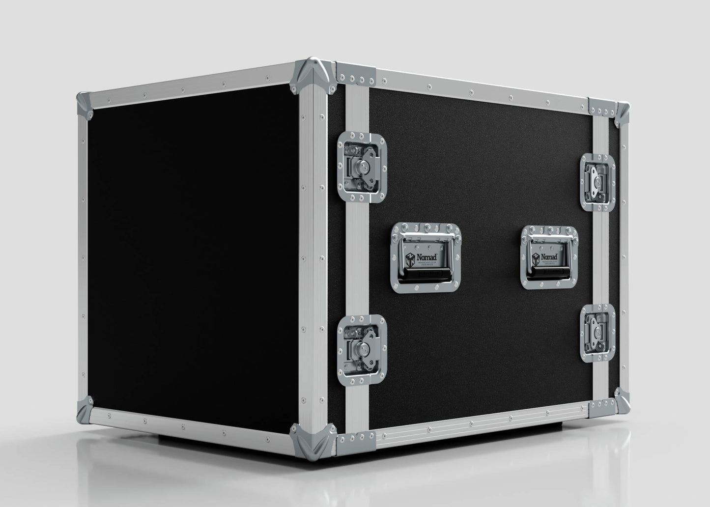 A 10U Suspended Shock Mounted Rack Case, featuring black and silver birch plywood with metal reinforced corners and latches, is set against a plain white background.