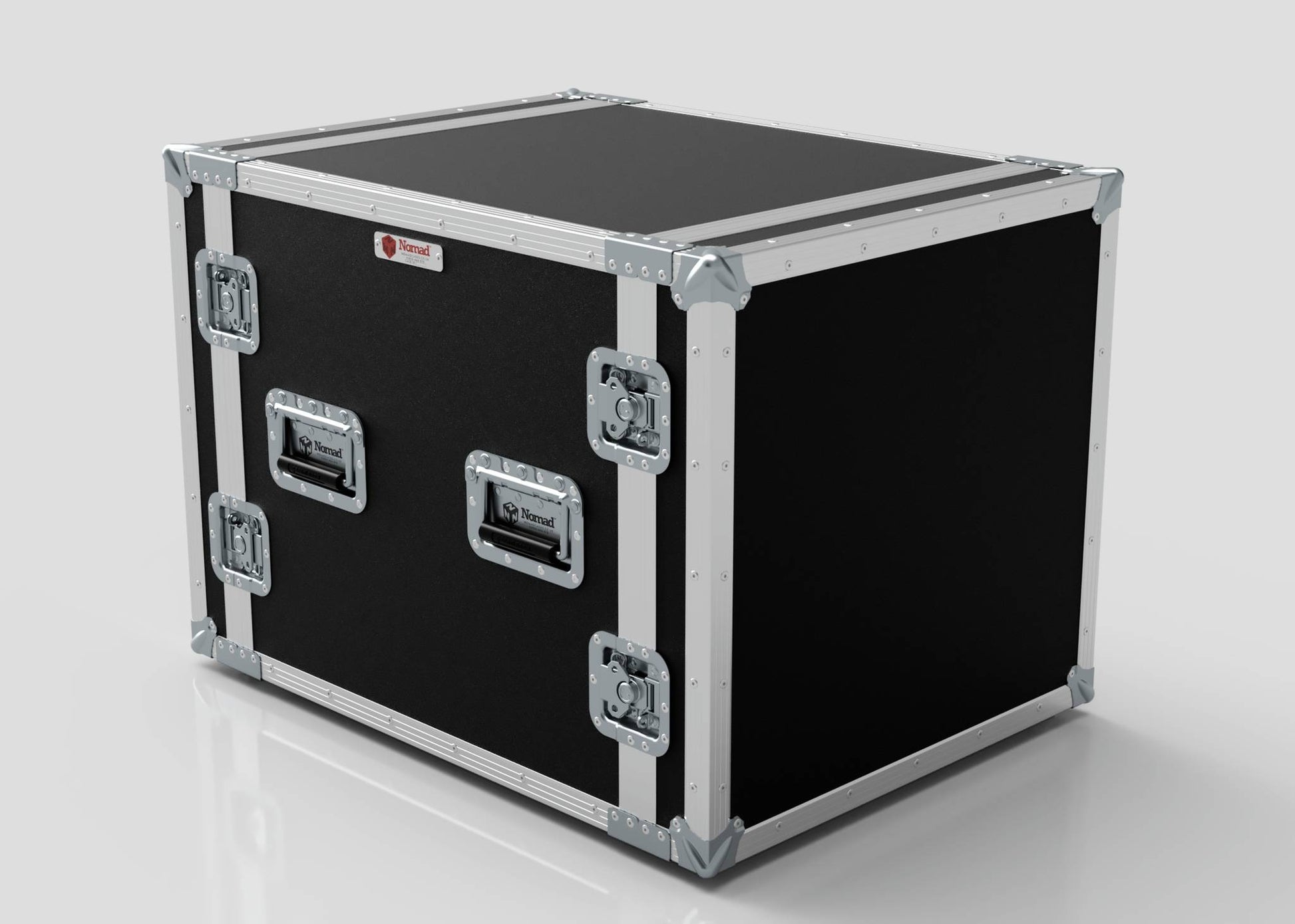 A 10U Suspended Shock Mounted Rack Case with a black finish, metal edges, reinforced corners, anti-vibration mounts, and side handles is displayed on a plain white surface.