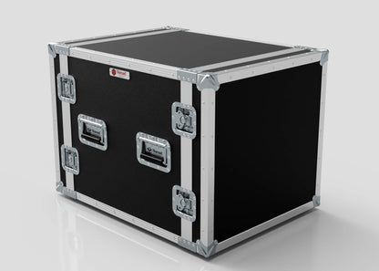 A 10U Suspended Shock Mounted Rack Case with a black finish, metal edges, reinforced corners, anti-vibration mounts, and side handles is displayed on a plain white surface.