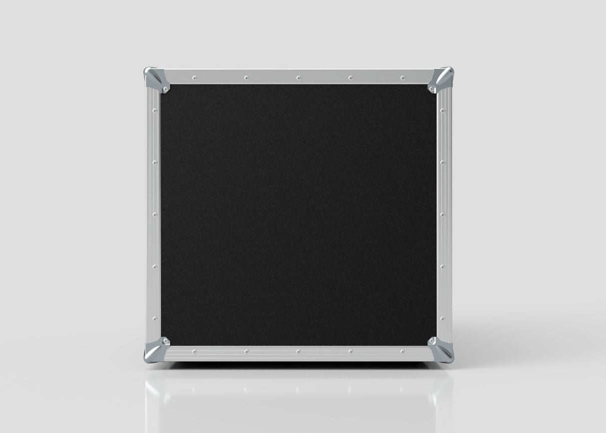 The 10U Suspended Shock Mounted Rack Case, featuring black and silver metal edges and birch plywood construction, stands upright on a reflective white surface against a plain light gray background.