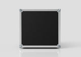 The 10U Suspended Shock Mounted Rack Case, featuring black and silver metal edges and birch plywood construction, stands upright on a reflective white surface against a plain light gray background.