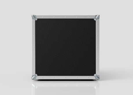 The 10U Suspended Shock Mounted Rack Case, featuring black and silver metal edges and birch plywood construction, stands upright on a reflective white surface against a plain light gray background.