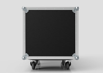A 10U x 1032mm Suspended Shock Mounted Data Server Rack in black, with metal edges and reinforced corners, is shown from the front against a plain light background. Its exterior is engineered for protection and a sleek profile.