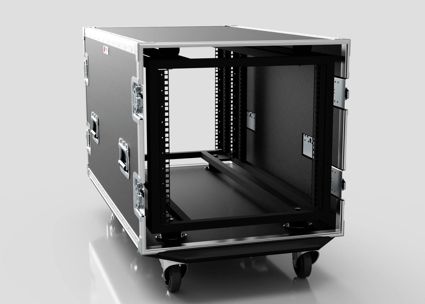 The 10U x 1032mm Suspended Shock Mounted Data Server Rack is a black rolling case with metal edges, side handles, and an open front for transporting rack-mounted electronics; external dimensions are precisely specified in mm.