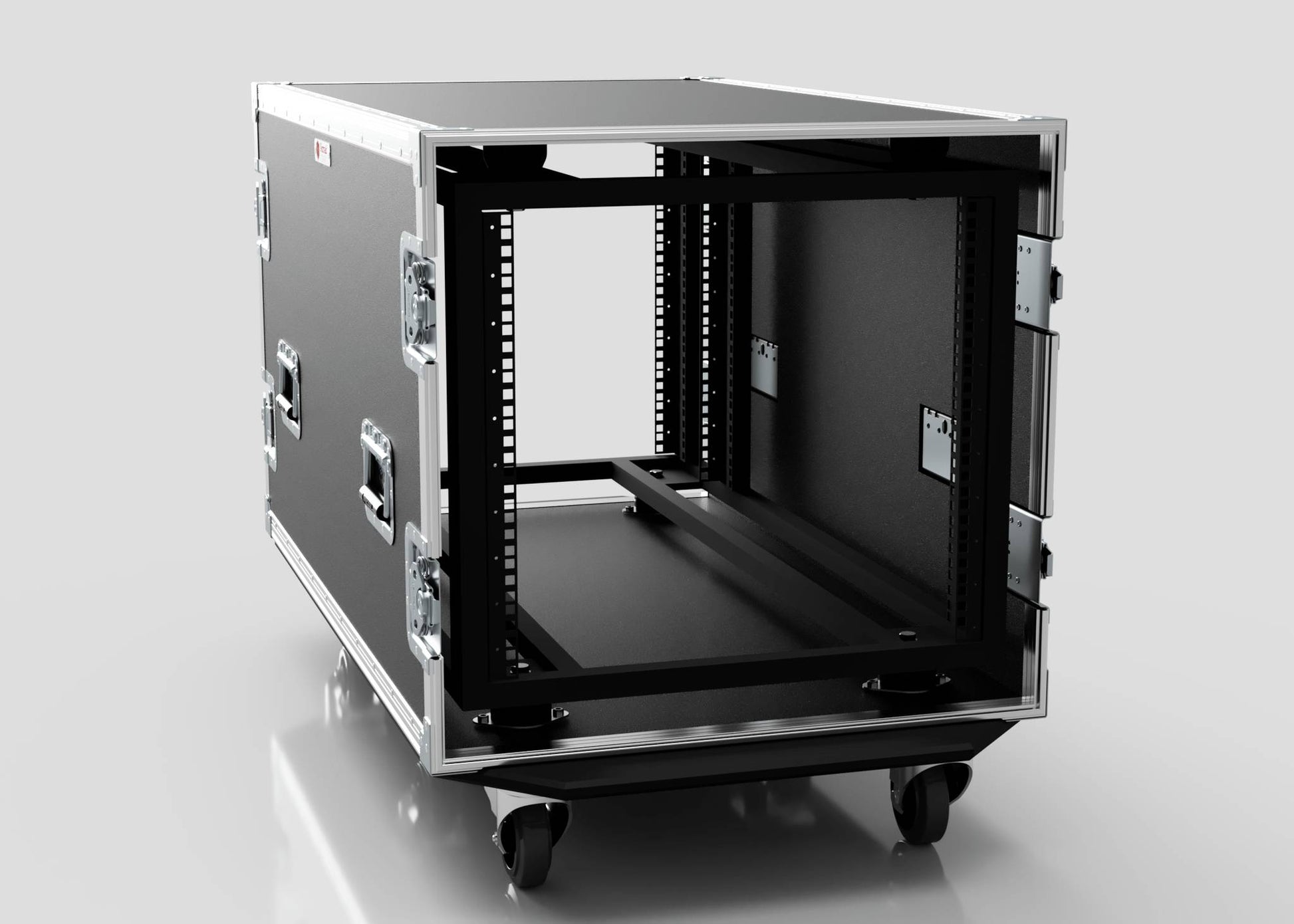 The 10U x 1032mm Suspended Shock Mounted Data Server Rack is a black rolling case with metal edges, side handles, and an open front for transporting rack-mounted electronics; external dimensions are precisely specified in mm.