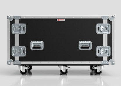 A large, black, rectangular 10U x 1032mm suspended shock mounted data server rack with metal edges, four locking latches, and four caster wheels, shown against a plain background.