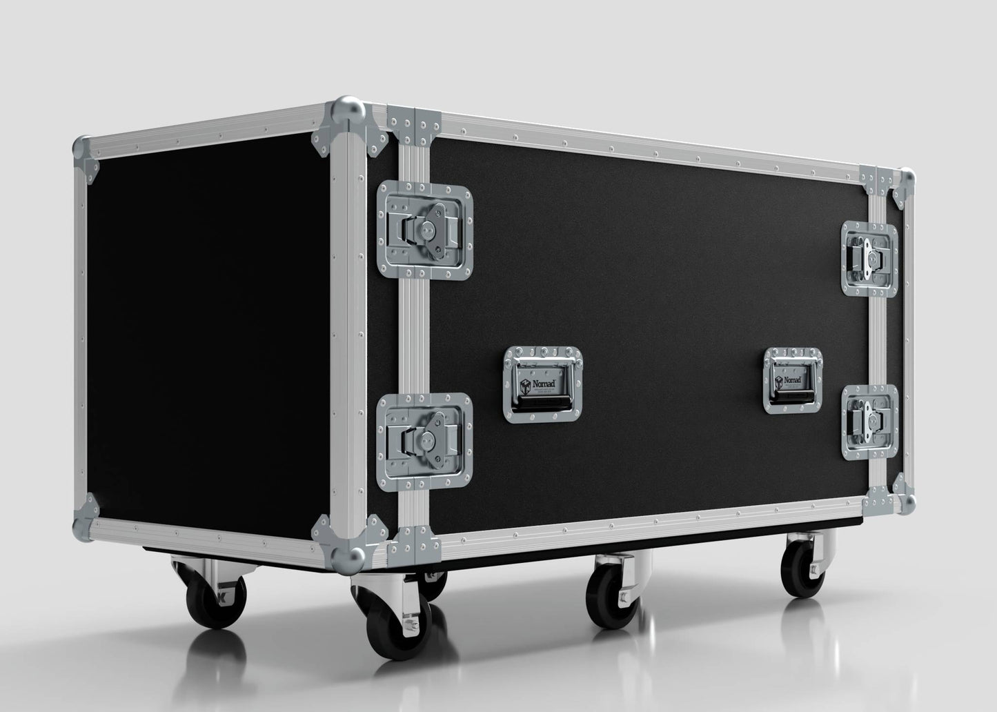 A large black 10U x 1032mm Suspended Shock Mounted Data Server Rack road case with reinforced metal edges, latches, and four caster wheels—ideal for gear needing precise external dimensions in mm.