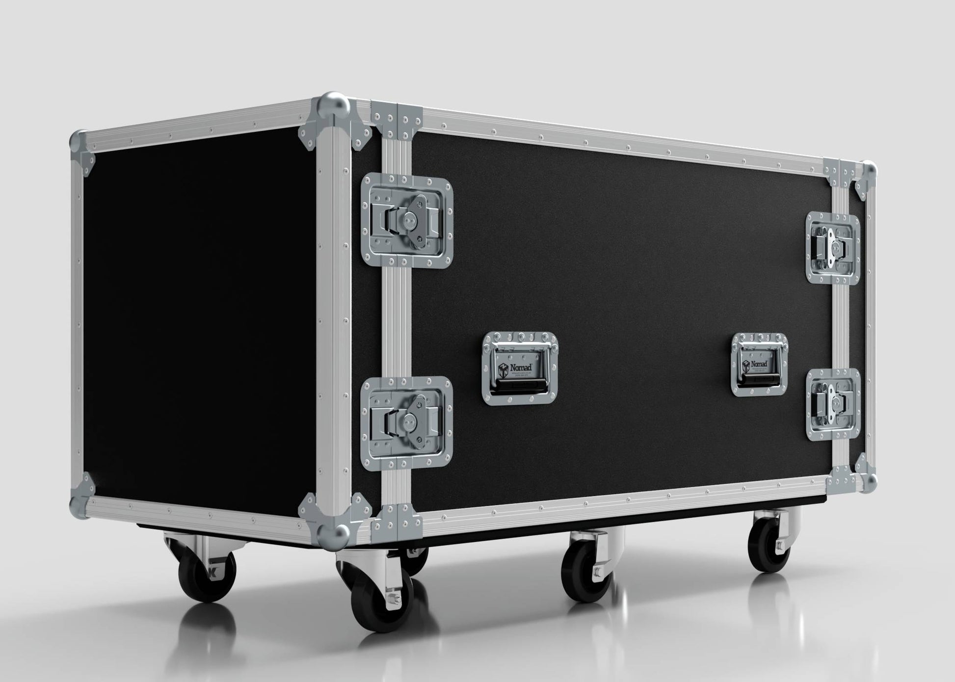 A large black 10U x 1032mm Suspended Shock Mounted Data Server Rack road case with reinforced metal edges, latches, and four caster wheels—ideal for gear needing precise external dimensions in mm.