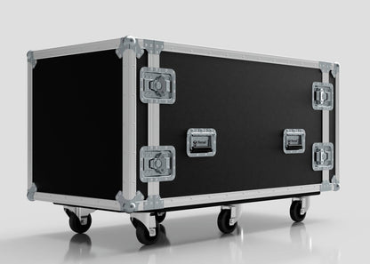 A large black 10U x 1032mm Suspended Shock Mounted Data Server Rack road case with reinforced metal edges, latches, and four caster wheels—ideal for gear needing precise external dimensions in mm.