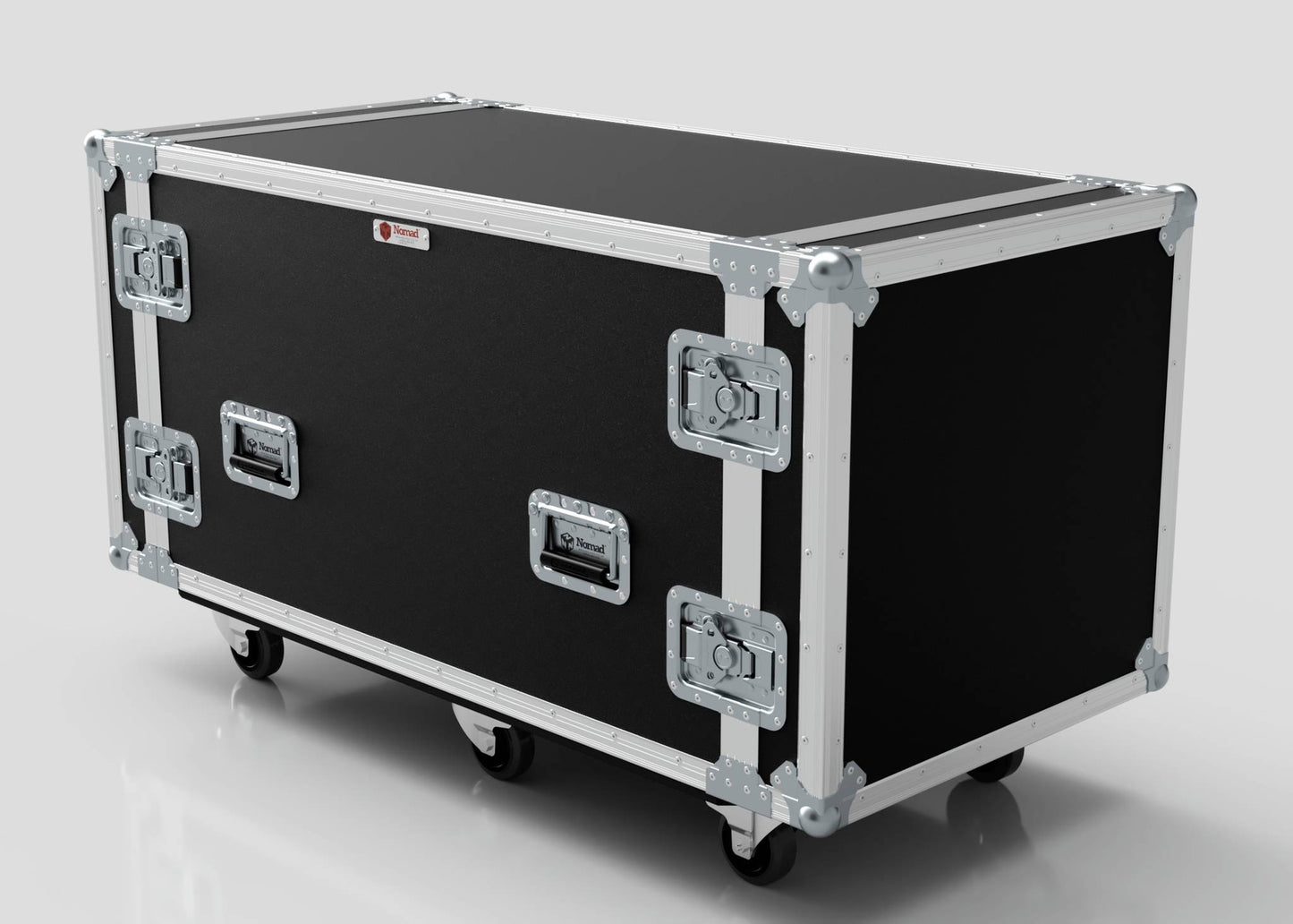 The 10U x 1032mm Suspended Shock Mounted Data Server Rack is a large black and silver flight case with metal edges, handles, locking clasps, and four wheels. Designed for easy transport with ample internal storage space. Shown on a white surface.