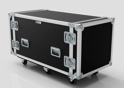 The 10U x 1032mm Suspended Shock Mounted Data Server Rack is a large black and silver flight case with metal edges, handles, locking clasps, and four wheels. Designed for easy transport with ample internal storage space. Shown on a white surface.