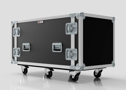The 10U x 1032mm Suspended Shock Mounted Data Server Rack is a large black flight case with metal edges, corners, four handles, and caster wheels. Its robust construction ensures secure equipment transport with precise external mm dimensions.