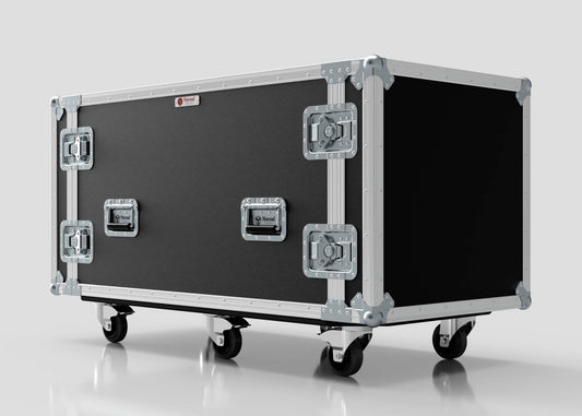 The 10U x 1032mm Suspended Shock Mounted Data Server Rack is a large black flight case with metal edges, corners, four handles, and caster wheels. Its robust construction ensures secure equipment transport with precise external mm dimensions.