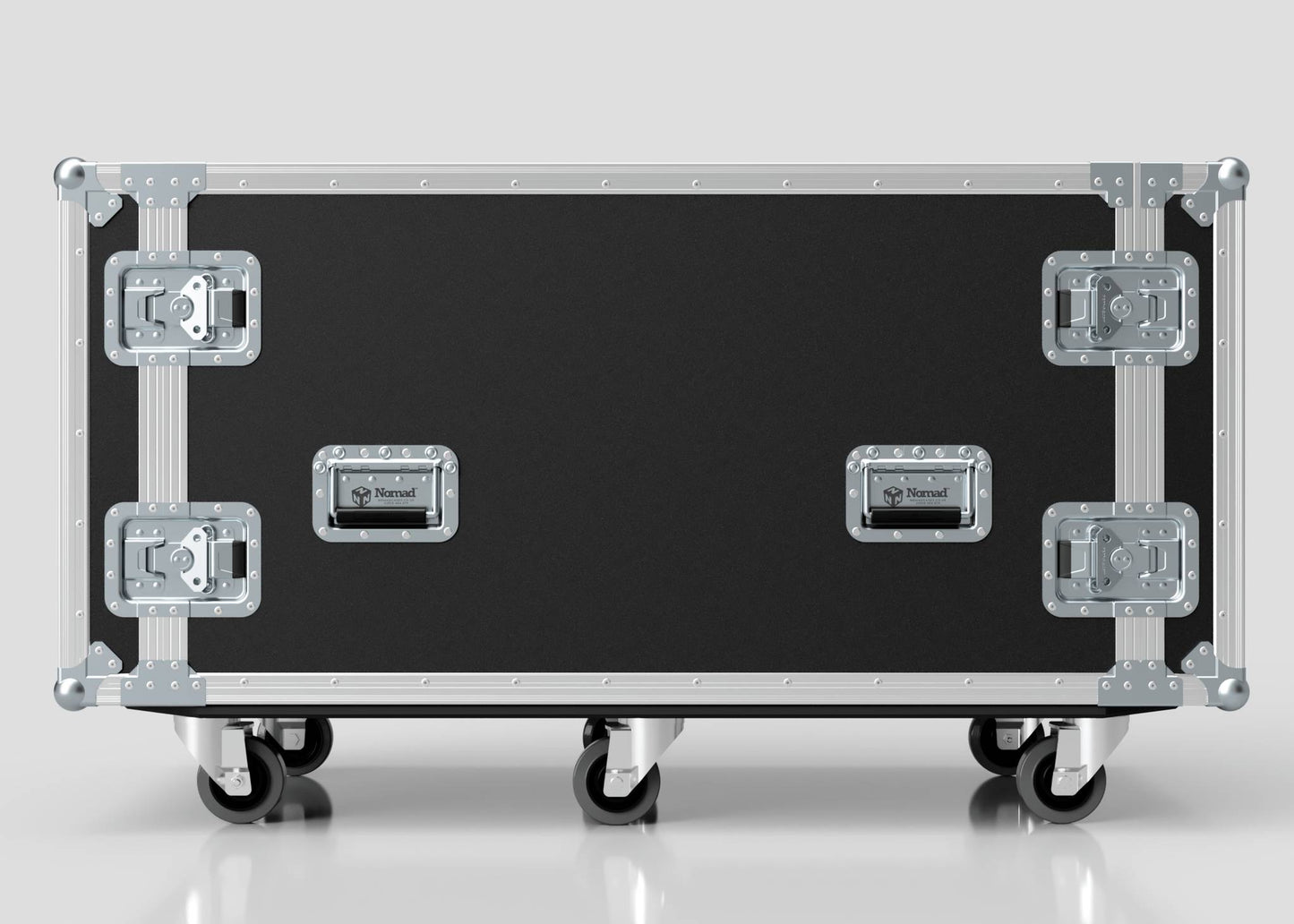 The 10U x 1032mm Suspended Shock Mounted Data Server Rack is a large black hard case with metal edges, latches, and handles, mounted on four caster wheels, ensuring robust exterior dimensions and secure, shock-resistant construction.