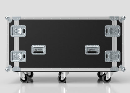 The 10U x 1032mm Suspended Shock Mounted Data Server Rack is a large black hard case with metal edges, latches, and handles, mounted on four caster wheels, ensuring robust exterior dimensions and secure, shock-resistant construction.