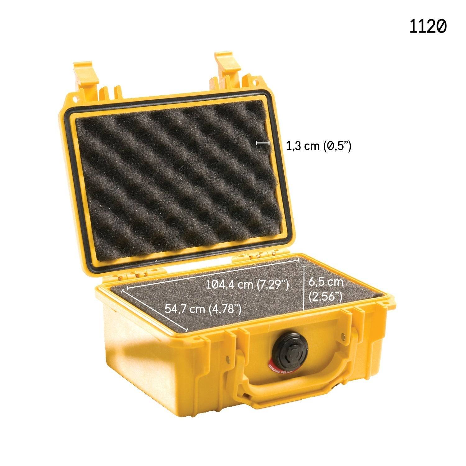 The 1120 Protector Case in yellow features egg-crate foam, internal dimensions of 104.4 x 54.7 x 6.5 cm, a lid foam thickness of 1.3 cm, and provides watertight protection for your equipment. Shown open.