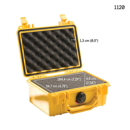 The 1120 Protector Case in yellow features egg-crate foam, internal dimensions of 104.4 x 54.7 x 6.5 cm, a lid foam thickness of 1.3 cm, and provides watertight protection for your equipment. Shown open.
