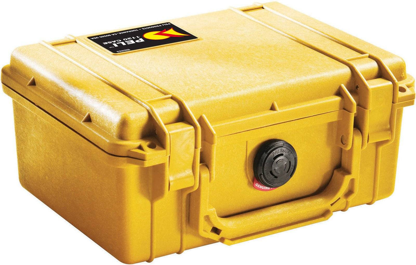 A yellow hard plastic 1120 Protector Case with a handle, front latch, and circular black lock on the front panel. A label on top highlights its reliability as protective equipment.