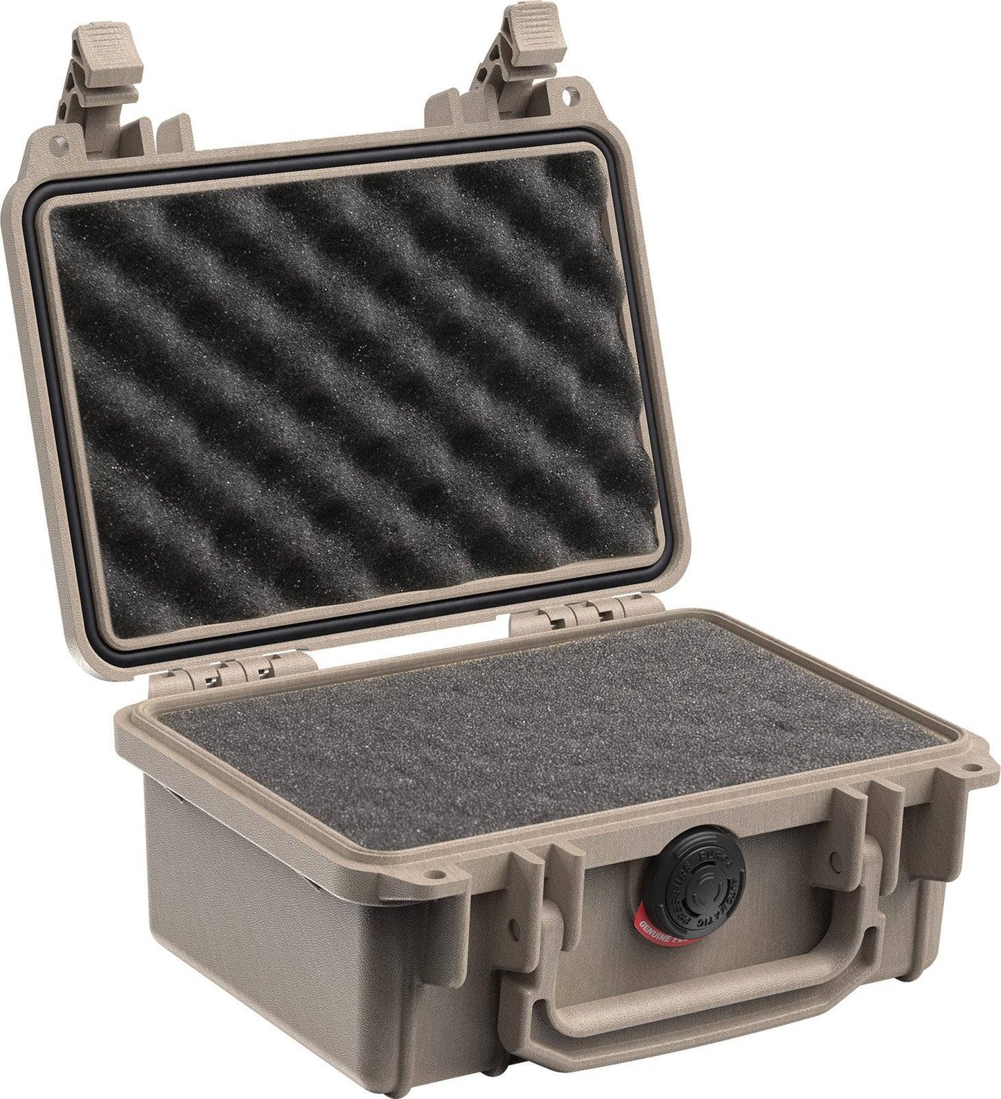 A tan PELI 1120 Protector Case with foam padding is shown open. It has a black interior, sturdy front latch, pressure release valve, and is watertight for robust protection of sensitive equipment.