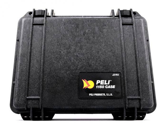 The 1150 Protector Case is a black hard plastic, watertight case, shown closed with a front label. It's perfect for protecting valuable equipment.