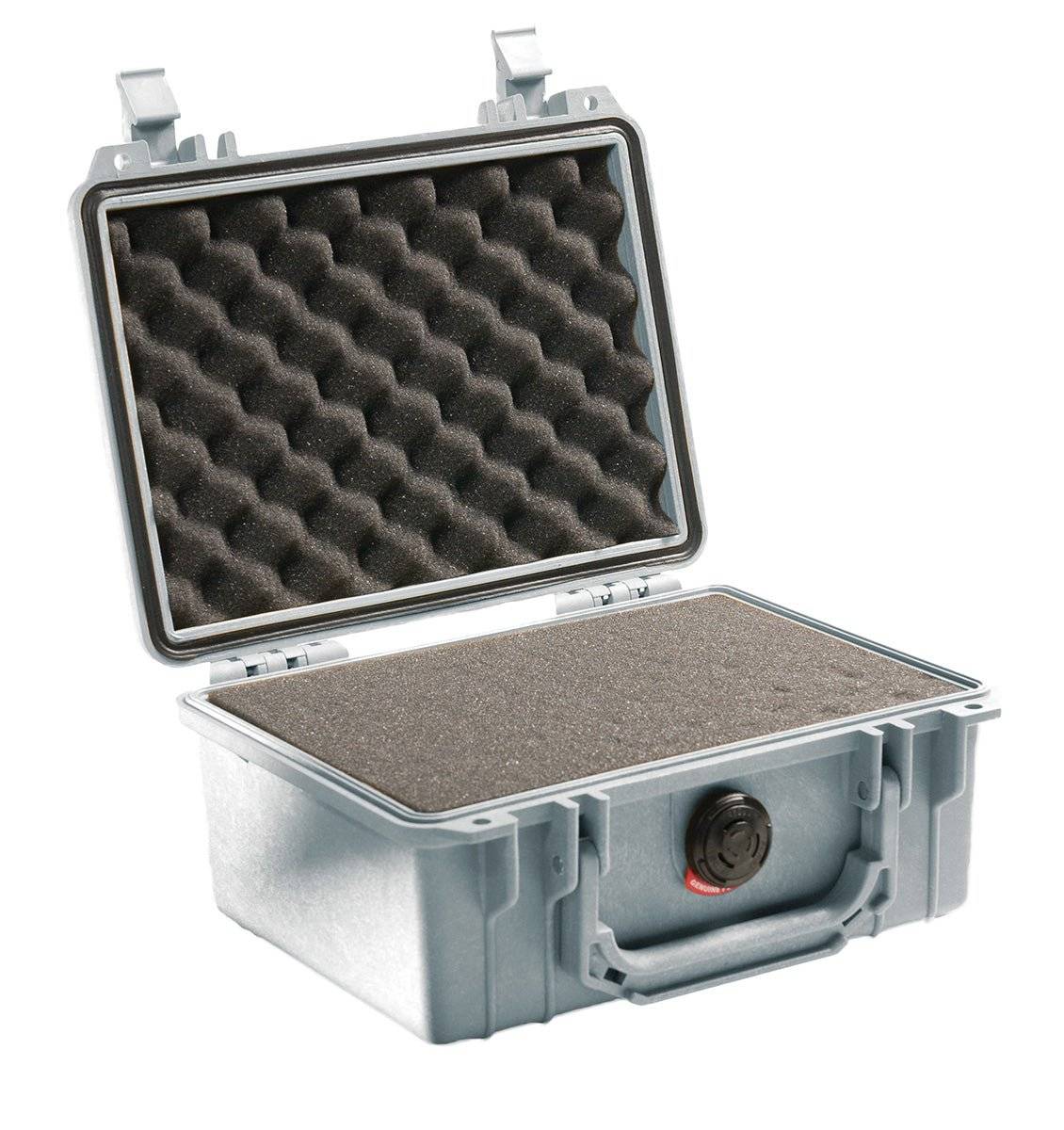 The 1150 Protector Case is a hard plastic PELI case with foam padding and a secure latch, shown open.