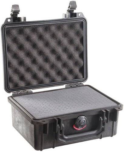 The black 1150 Protector Case has a hard shell, handle, open lid, and foam padding inside—ideal as a protective or watertight equipment case to keep your items secure.