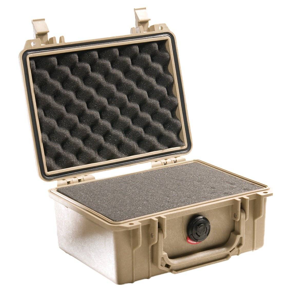 A tan 1150 Protector Case with foam padding, shown open and empty, designed to be watertight for secure storage and transport of sensitive items.