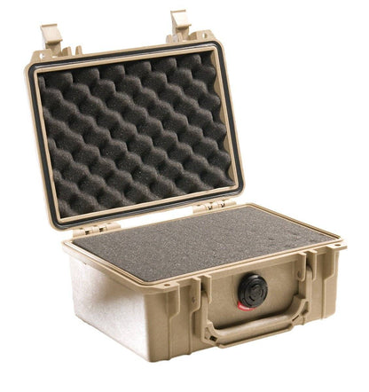 A tan 1150 Protector Case with foam padding, shown open and empty, designed to be watertight for secure storage and transport of sensitive items.